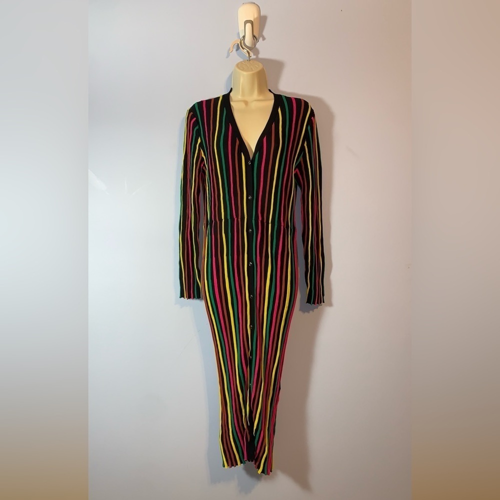 7th avenue Multicolor colorful Long Sleeve button down black knit Dress striped